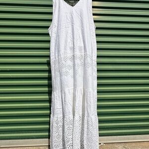 Chico's Linen Cotton Blend Maxi Dress Eyelet  Lined Sz 16 Cottagecore Timeless